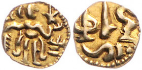 SRI LANKA / CEYLON, KÖNIGREICH VON JAFFNA, 1235-1418, AV Aka =1/8 Kahavanuva o.J. König r. stehend, davor Altar. Rs.Unter Muschel Legende: DARAKA, NAN...