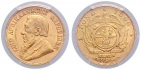 SÜDAFRIKA, Zuid Afrikaansche Republiek, 1852-1910, Krueger Pound 1896. -Mwst befreit-
GOLD, PCGS AU53
Frbg.2; KM 10.2