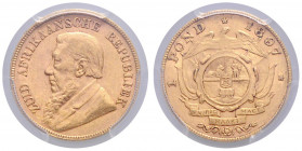 SÜDAFRIKA, Zuid Afrikaansche Republiek, 1852-1910, Krueger Pound 1897. -Mwst befreit-
GOLD, PCGS AU50
Frbg.2; KM 10.2