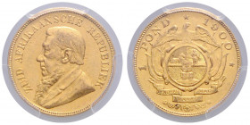 SÜDAFRIKA, Zuid Afrikaansche Republiek, 1852-1910, Krueger Pound 1900. -Mwst befreit-
GOLD, PCGS AU50
Frbg.2; KM 10.2