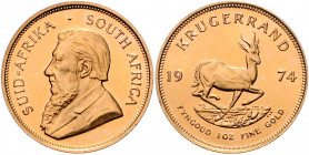 SÜDAFRIKA, Republik, seit 1961, Krügerrand 1974. -Mwst befreit-
GOLD, PP
Frbg.13; KM 73