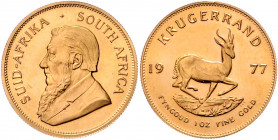 SÜDAFRIKA, Republik, seit 1961, Krügerrand 1977. -Mwst befreit-
GOLD, PP
Frbg.13; KM 73