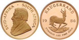 SÜDAFRIKA, Republik, seit 1961, Krügerrand 1986. -Mwst befreit-
GOLD, PP
Frbg.13; KM 73