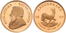 SÜDAFRIKA, Republik, seit 1961, Krügerrand 1989. -Mwst befreit-
GOLD, PP
Frbg.13; KM 73