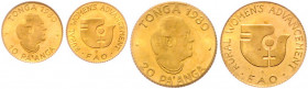 *TONGA, Taufa'ahau IV., 1967-2006, 10 Pa'anga 1980. 0,4g; 20 Pa'anga 1980. 0,8g. FAO, Königin Salote.
2 Stk., Aufl. 750 Ex., GOLD, st
Frbg.16;17; KM...