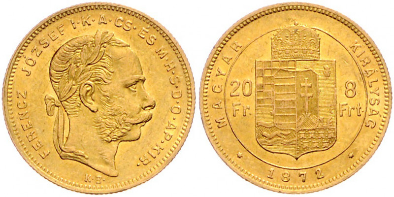 UNGARN, Franz Joseph I., 1848-1916, 8 Forint =20 Francs 1872 KB, Kremnitz. -Mwst...