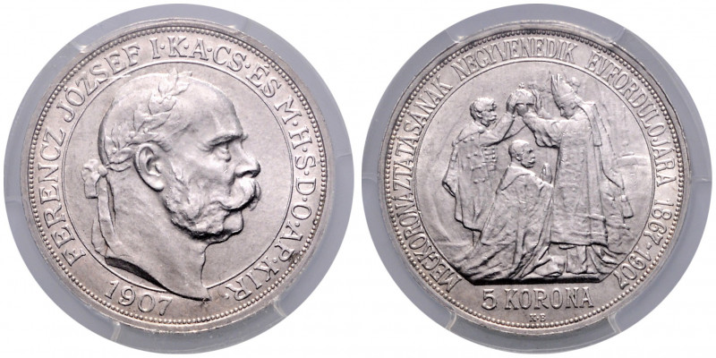 UNGARN, Franz Joseph I., 1848-1916, 5 Korona 1907 KB-UP. 40jähriges Krönungsjubi...