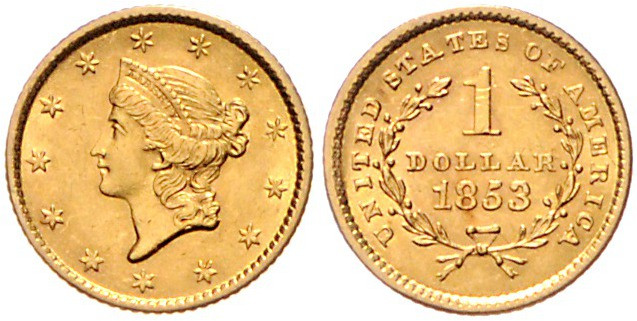 VEREINIGTE STAATEN VON AMERIKA, Liberty Head-Dollar 1853. 1,66g.
GOLD, vz
KM 7...