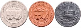 PORZELLAN, SCHWÄBISCH HALL, Porzellanmünze 1922 der Majolika-Werke in Gaildorf zu 20 (o.N.) (8x Schloss Comburg, 3x Crailshaimer Tor, 2x Weiler Tor, 1...