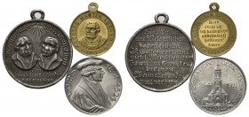 REFORMATION, Deutscher Reformator, Tragb. vergold. Br.-Med. 1883 von H.W. Auf den 400. Geburtstag Martin Luthers. 11,73g; 28mm. DAZU:Tragb. Zinnmed. 1...
