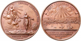 REFORMATION, GENF, Stadt, Br.-Med. 1735 von J.Dassier a.d. 200-Jahrfeier der Reformation in Genf. Regio mit Strahlenkranz auf Wolke thronend r., hält ...