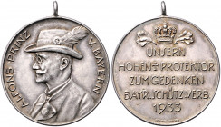 SCHÜTZEN, BAYERN, Tragb. Silbermed. 1933 von Deschler zum Gedenken a.d. Bayerischen Schützenverband. Büste Alfons, Prinz v. Bayern in Jägertracht l. R...