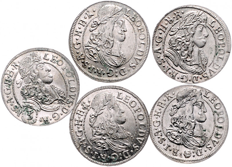 HAUS HABSBURG, Leopold I., 1657-1705, Lot von 5 Stk. Groschen =3 Kreuzer 1676,16...