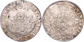 SACHSEN, Christian II., Joh.Georg I. und August (Vormundsch.), 1591-1601, Reichstaler 1592 HB, Dresden.
f.vz
Dav.9820A; Schnee 749