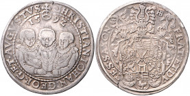 SACHSEN, Christian II., Joh.Georg I. und August (Vormundsch.), 1591-1601, Reichstaler 1592 HB, Dresden.
attraktives Stk., kl.Sf., ss/ss+
Dav.9820; S...