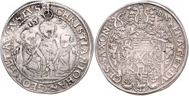 SACHSEN, Christian II., Joh.Georg I. und August (Vormundsch.), 1591-1601, Reichstaler 1598 HB, Dresden.
ss
Dav.9820; Schnee 754