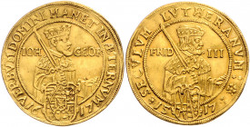 SACHSEN, Johann Georg I., 1615-1656, 5 Dukaten 1617 a.d. 100jährige Reformationsjubiläum. Hüftbild Johann I. r. im Kurornat mit geschultertem Schwert....