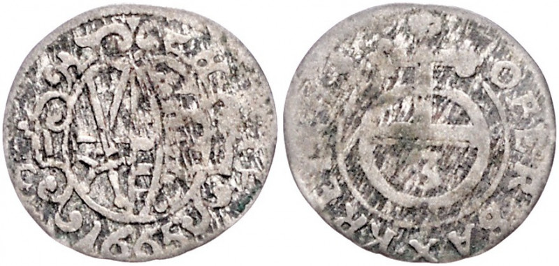 SACHSEN, Johann Georg II., 1656-1680, 3 Pfennig 1665, Dresden.
s/ss
Mers.-