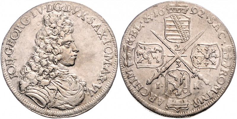 SACHSEN, Johann Georg IV., 1691-1694, 2/3 Taler 1692 IK, Dresden. 15,39g.
l.Tön...