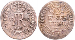 SACHSEN, Friedrich August I. der Starke, 1694-1733, 1/12 Taler 1709 EPH, Leipzig. Zeitgenössische Fälschung. 3,03g.
ss
Mers.1638; Kahnt 182; Kohl 40...