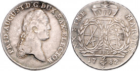 SACHSEN, Friedrich August III., 1763-1806, Gulden = 2/3 Taler 1782 IEC, Dresden.
kl.Fassungspur a.Rd.?, ss
Buck 153