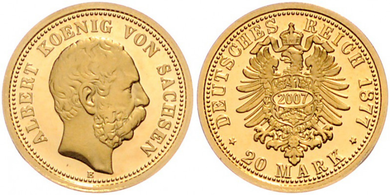 SACHSEN, Albert, 1873-1902, 20 Mark 1877 E als Nachprägung 2007. 2,04g (Gold 585...