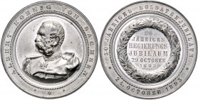SACHSEN, Albert, 1873-1902, Zinnmed. 1893 von Diller a.s. 20jähr. Regierungs- und 50jähr. Soldatenjubiläum. Uniformbüste l. Rs.6 Zeilen Schrift im Kra...