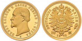 SACHSEN-COBURG-GOTHA, Ernst II., 1844-1893, 20 Mark 1872 E als Nachprägung 2007. 2,04g (Gold 585).
GOLD, Replik, PP
zu J.270