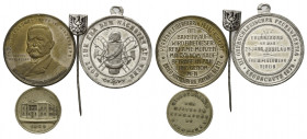SCHLESIEN, Tragb. Zinnmed. 1879 Leobschütz des III.Oberschlesischer Feuerwehrtag, 25jähr Jub. 33mm; Ms.-Med. 1865 Warmbrunn, Militärkurhaus. 21mm; Abz...
