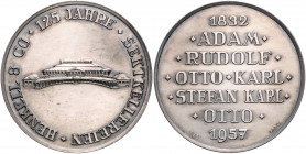 WIESBADEN, STADT, Silbermed. 1957 von Lang a.d. 125-Jahrfeier der Sekt-Kellereien Henkell & Co. Ansicht des Firmengebäudes. Rs.7 Henkell-Vornamen seit...