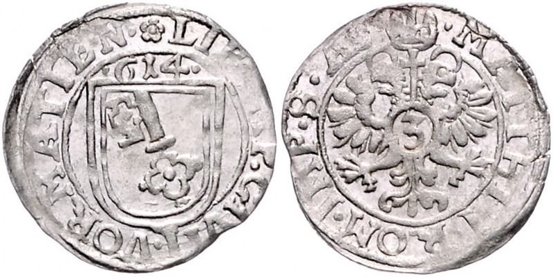 WORMS, STADT, 3 Kreuzer 1614. Fünfblättrige Rosette mit Punkt in der Mitte. 1,74...