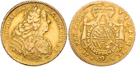 WÜRTTEMBERG, Karl Alexander, 1733-1737, Carolin 1735 FB, Stuttgart. 9,46g.
GOLD, ss
Frbg.3589; Klein/Raf.164a