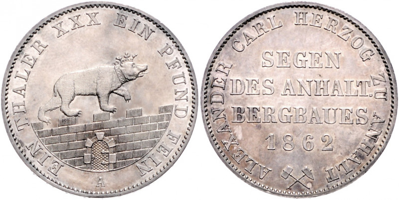 ANHALT-BERNBURG, Alexander Carl, 1834-1863, Ausbeutevereinstaler 1862 A.
vz-f.s...