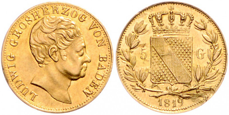 *BADEN, Ludwig, 1818-1830, 5 Gulden 1819, Mannheim. 3,46g.
GOLD, Sf., vz-st
AK...