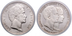 BAYERN, Ludwig I., 1825-1848, Geschichtsdoppeltaler 1842. Vermählung des Kronprinzen.
PCGS MS64
AKS 104; T.81; Dav.588