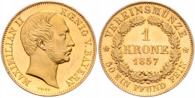 BAYERN, Maximilian II., 1848-1864, Vereinskrone 1857. 11,11g. Nur 771 Ex. geprägt!.
GOLD, vz-st
AKS 140; J.131
