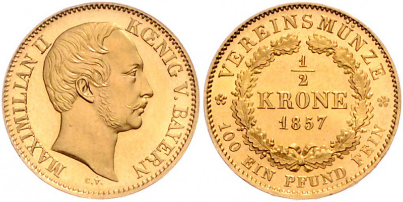 BAYERN, Maximilian II., 1848-1864, 1/2 Vereinskrone 1857. 5,54g. Nur 1.749 Ex. g...