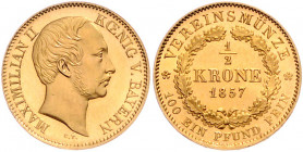 BAYERN, Maximilian II., 1848-1864, 1/2 Vereinskrone 1857. 5,54g. Nur 1.749 Ex. geprägt!.
GOLD, Prachtex., sehr selten, st
AKS 141; Frbg.281