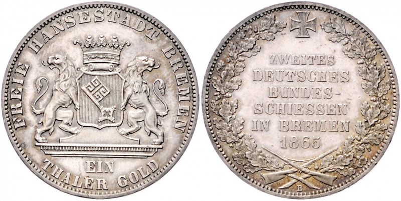 BREMEN, Freie Hansestadt, Taler 1865. Zweites Deutsches Bundesschießen.
Prachte...