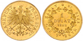 FRANKFURT, Freie Stadt, 1815-1866, Dukat 1853. 3,50g. Aufl. nur 1121 Ex.
GOLD, selten, min.Druckstelle, vz
AKS 1; J.53; Frbg.1027; Schl.245