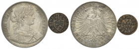 FRANKFURT, Freie Stadt, 1815-1866, Doppeltaler 1861 (kl.Rdf., ss/vz). DAZU:Nassau, 1/4 Kreuzer 1822 Z (ss).
2 Stk., ss/vz +ss
AKS 4; T.145; Dav.651;...