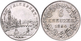 FRANKFURT, Freie Stadt, 1815-1866, 6 Kreuzer 1854. Mit Stadtansicht.
f.st
AKS 20; J.30