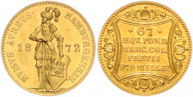 HAMBURG, Freie und Hansestadt, Dukat 1872 B, Hannover. 3,49g.
GOLD, vz-st
AKS 11; J.93b