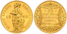 HAMBURG, Freie und Hansestadt, Dukat 1872 B, Hannover. 3,50g.
GOLD, vz-st
AKS 11; J.93b