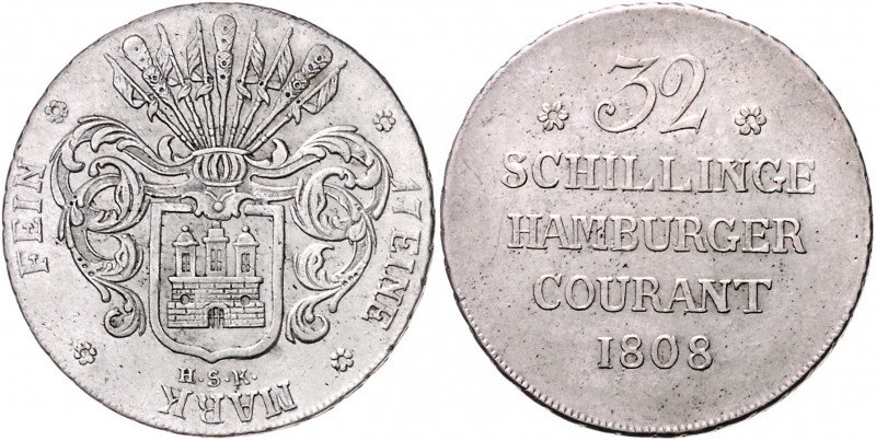 HAMBURG, Freie und Hansestadt, 32 Schilling 1808 HSK. Sog. Franzosen-Doppelmark....