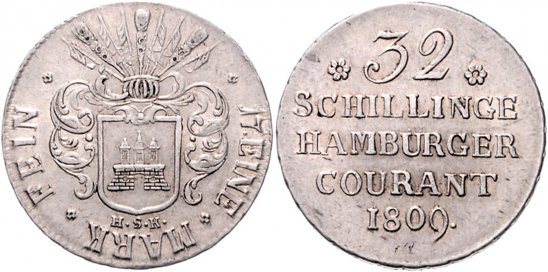 HAMBURG, Freie und Hansestadt, 32 Schilling 1809 HSK. Sog. Franzosen-Doppelmark....
