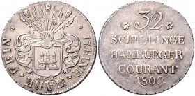 HAMBURG, Freie und Hansestadt, 32 Schilling 1809 HSK. Sog. Franzosen-Doppelmark.
vz
AKS 13; J.39a