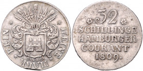 HAMBURG, Freie und Hansestadt, 32 Schilling 1809 CAIG. Sog. Franzosen-Doppelmark.
Rdf., ss-vz
AKS 14; J.39b