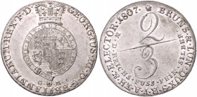 HANNOVER, Georg III., 1760-1820, Gulden =2/3 Taler 1807. Feinsilber.
vz/vz+
AKS-; We.2815; Fiala 5003