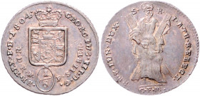 HANNOVER, Georg III., 1760-1820, 1/6 Taler 1804 GFM, Clausthal. St. Andreas. 3,29g.
Prachtex., schöne Patina, vz
We.2840